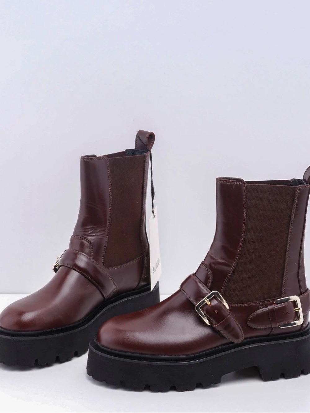 SANDRO Paris Helen buckle Chelsea Boots in Deep Wine with Buckle Detai